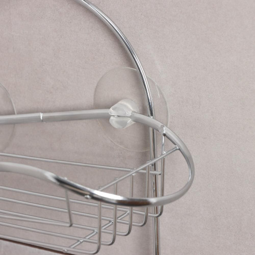 Полка для ванной комнаты 2-х ярусная на присоске Доляна «Волна», 25х11х45 см, 2 крючка, цвет хром