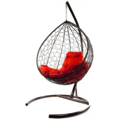 Кресло подвесное с ротангом Капля коричневое с красной подушкой