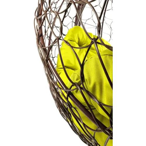 Кресло подвесное с ротангом Капля коричневое с желтой подушкой