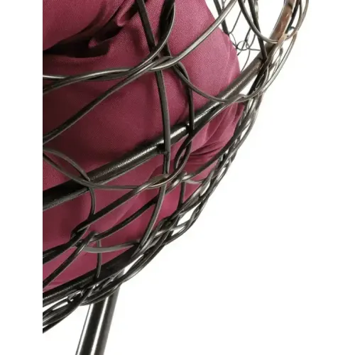 Кресло подвесное с ротангом КРУГ коричневое с бордовой подушкой