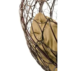 Кресло подвесное с ротангом Капля коричневое с бежевой подушкой