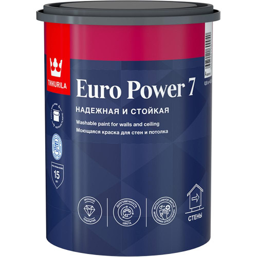 Краска в/д Тиккурила EURO POWER-7 Моющаяся для стен и потолков  0,9л