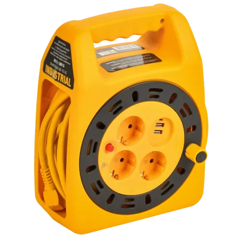 Удлинитель на катушке 3-мест. 15м 2Р+РЕ USBх2 LED 3х1.5кв.мм Industrial IEK IN-KP24-16-03-15-UL