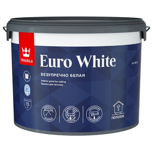 Краска в/д Тиккурила EURO WHITE Белая для потолков 9 л