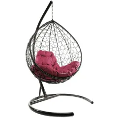 Кресло подвесное с ротангом Капля коричневое с бордовой подушкой