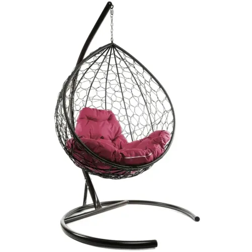 Кресло подвесное с ротангом Капля коричневое с бордовой подушкой