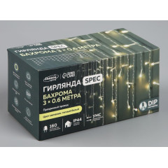 Гирлянда LUAZON LIGHTING Бахрома 3х0,6м прозрачная нить, 160 LED свечение теплое белое с мерцанием (4356983)