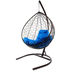Кресло подвесное с ротангом Капля коричневое с синей подушкой