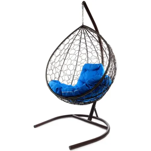 Кресло подвесное с ротангом Капля коричневое с синей подушкой