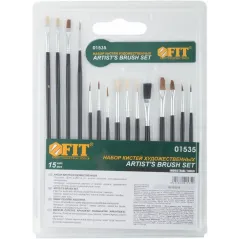 Кисти художественные FIT плоские нат.щетина деревянная ручка набор 15шт (01535)
