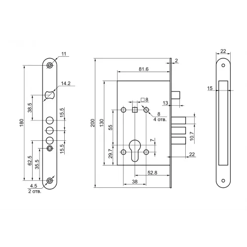 Замок врезной б/руч. BORDER 78919 ЗВ4-31/55 СВАРНОЙ (12617)