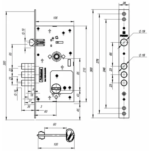 Замок врезной б/руч. FUARO сувальдный MDV25/S-60.85.3R16 4key (47659)