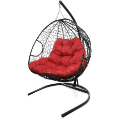 Кресло подвесное с ротангом ДЛЯ ДВОИХ черное с красной подушкой