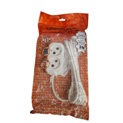 Удлинитель 2-мест. 3м 2P бел. 6А (ПВС 2х0,75) UNIVersal (240784)