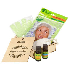 Набор банный 5 предметов Подарок с любовью (мочалка, шапочка для душа, пемза, масло эф. Мята, Апельсин) 