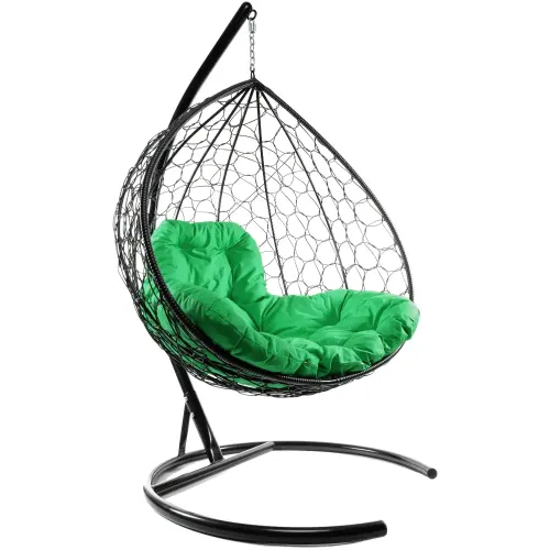 Кресло подвесное с ротангом XL черное с зеленой подушкой