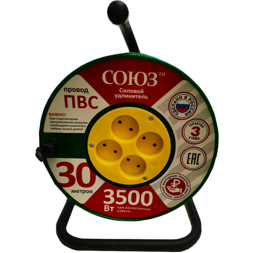 Удлинитель на катушке 4-мест. 30м 2Р 16А (ПВС 2х1,5) СОЮЗ S-3303 (381015)