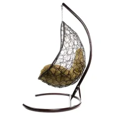 Кресло подвесное с ротангом ОВАЛ коричневое с бежевой подушкой