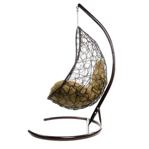 Кресло подвесное с ротангом ОВАЛ коричневое с бежевой подушкой