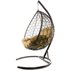 Кресло подвесное с ротангом XL коричневое с бежевой подушкой