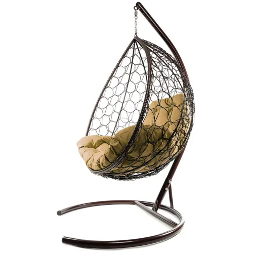 Кресло подвесное с ротангом XL коричневое с бежевой подушкой