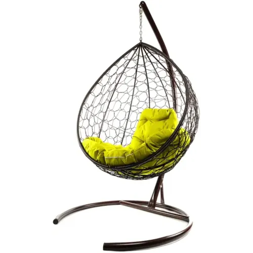 Кресло подвесное с ротангом Капля коричневое с желтой подушкой