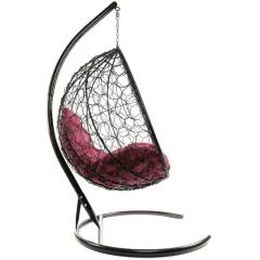 Кресло подвесное с ротангом Капля коричневое с бордовой подушкой