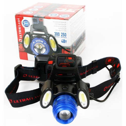 Фонарь налобный ULTRAFLASH LED Е1334 4 режима акк. 2х18650 металл/синий