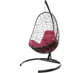 Кресло подвесное с ротангом ОВАЛ коричневое с бордовой подушкой
