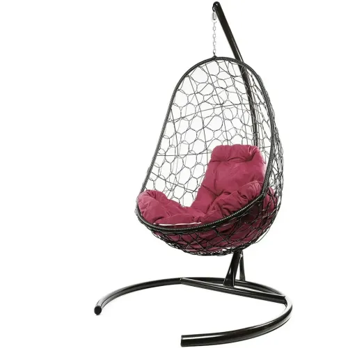 Кресло подвесное с ротангом ОВАЛ коричневое с бордовой подушкой