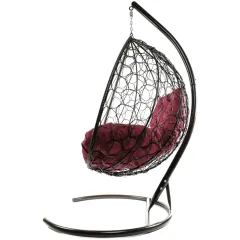 Кресло подвесное с ротангом XL коричневое с бордовой подушкой