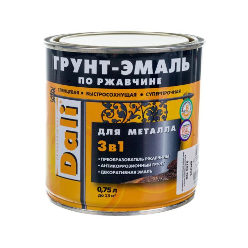 Грунт-эмаль DALI по ржавчине 3 в 1 гладкая RAL 9005 чёрная 0,75 л (*1)