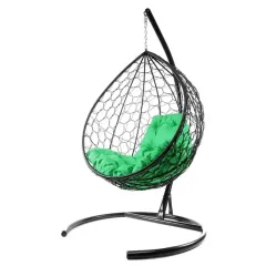 Кресло подвесное с ротангом Капля черное с зеленой подушкой