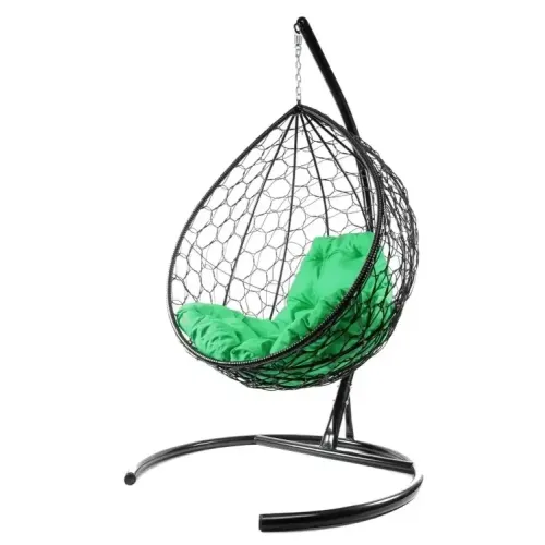 Кресло подвесное с ротангом Капля черное с зеленой подушкой