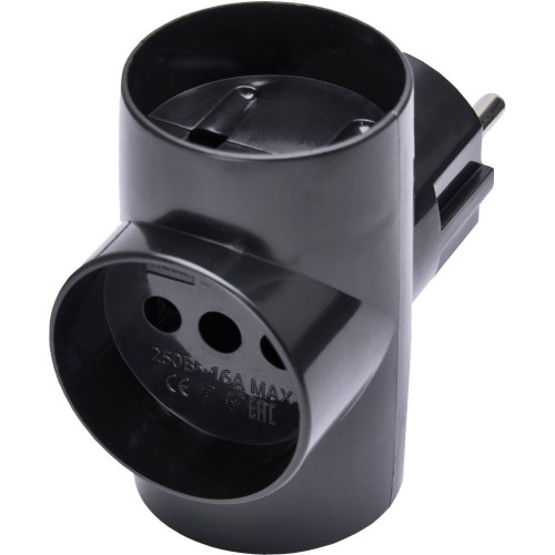 Разветвитель сетевой (тройной) 10А 250B STEKKER черный (T-образный) ADP10-15-20 39001