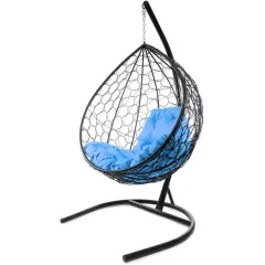 Кресло подвесное с ротангом Капля черное с голубой подушкой