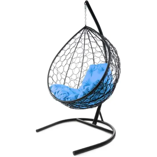 Кресло подвесное с ротангом Капля черное с голубой подушкой