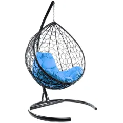 Кресло подвесное с ротангом Капля черное с голубой подушкой