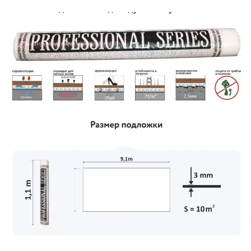Подложка рулонная Professional SeriesППК 3 мм белая (10 кв.м/рул)