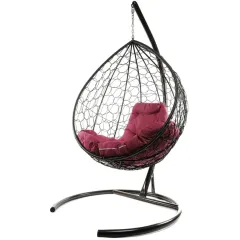 Кресло подвесное с ротангом Капля коричневое с бордовой подушкой