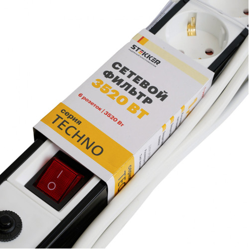 Фильтр сетевой Stekker 6 роз. 16A 3м белый HM22-61-03 Techno 50151