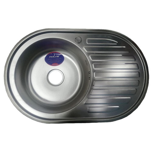 Мойка нерж. врезная MIXLINE овальная 50х77 тол. 0,8мм, левый выпуск, декор (сифон)