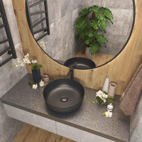 Умывальник накладной EVA GOLD A428CBKM круглый, без перелива, чёрный матовый 41,5х41,5х13,5см