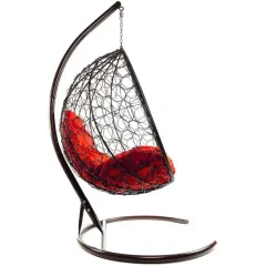 Кресло подвесное с ротангом Капля коричневое с красной подушкой