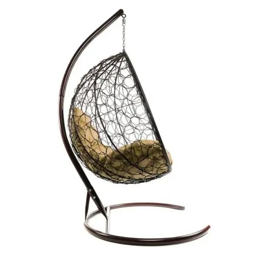 Кресло подвесное с ротангом Капля коричневое с бежевой подушкой