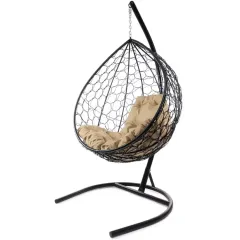 Кресло подвесное с ротангом Капля черное с подушкой лён