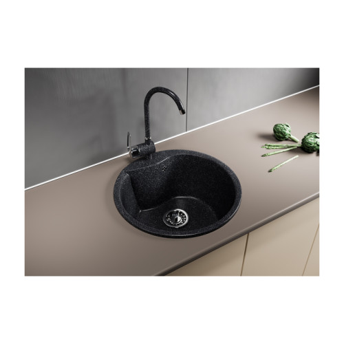 |Мойка композитная MIXLINE ML-GM12 чёрная, ф 480 мм, глубина 210 мм, сифон