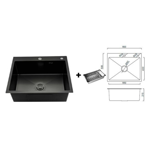 Мойка нерж. врезная GAPPO 60х50х21,5 см тол. 3 мм, чёрная (сифон, коландер) GS6050-6
