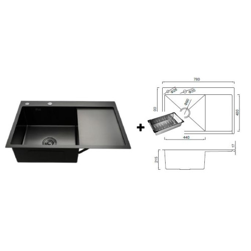 Мойка нерж. врезная GAPPO 78х50х21,5 см тол. 3 мм, чёрная, левая (сифон, коландер) GS7850-6L