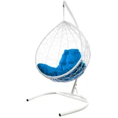 Кресло подвесное с ротангом Капля белое с синей подушкой